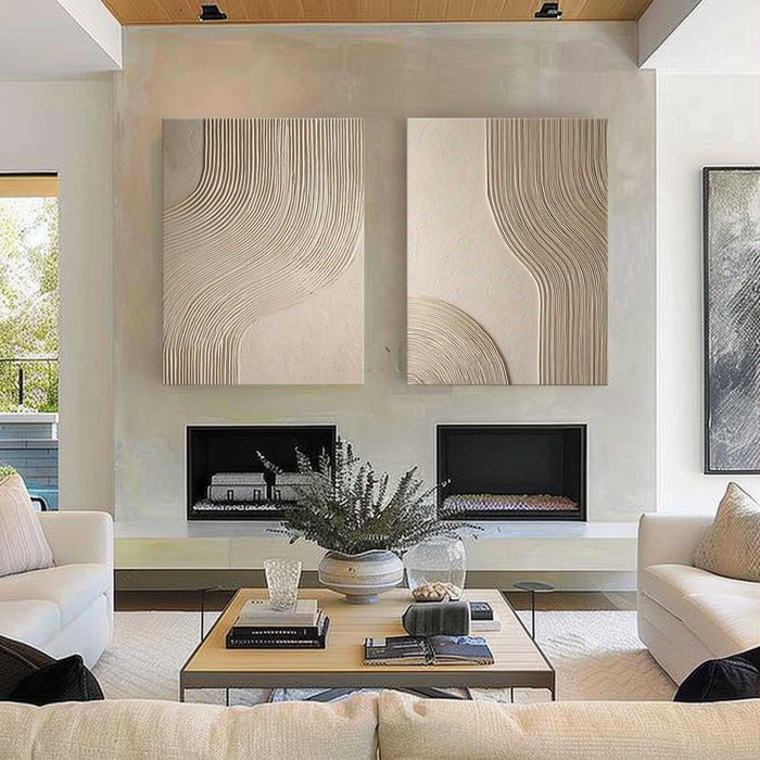 Cream Flowing Arcs Relief Diptych