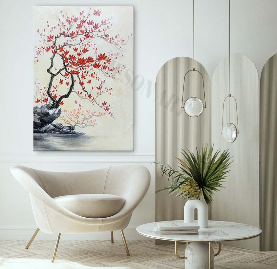 Crimson Blossom Branch Over Stone