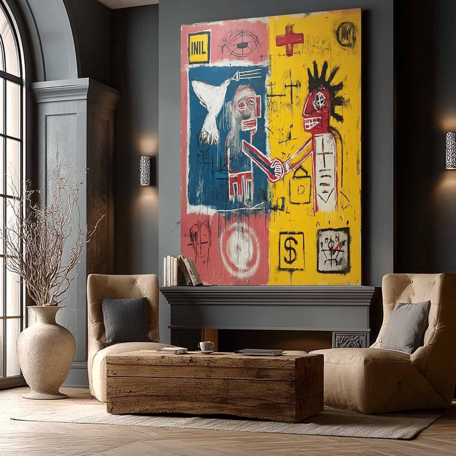 Crimson Handshake on Yellow and Blue