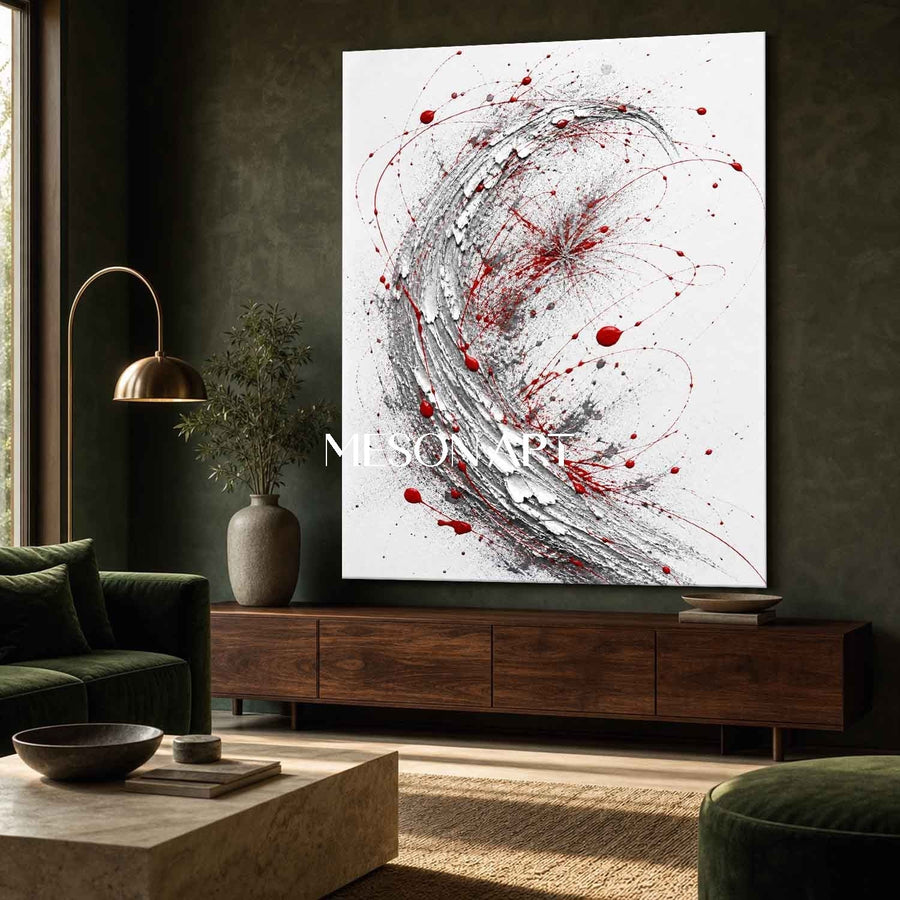 Crimson Splatter on Silver Crescent