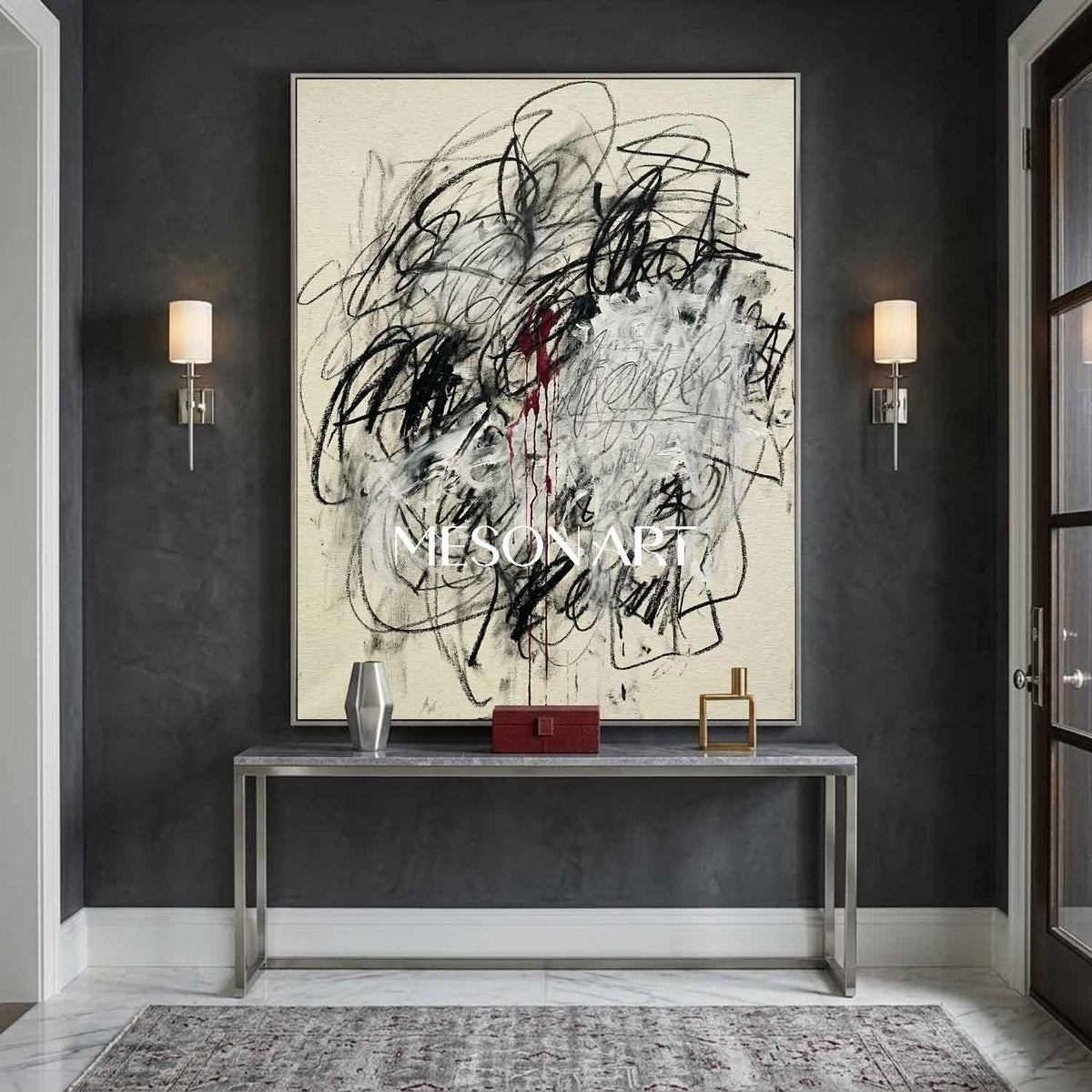Crimson Thread Through Charcoal Scribbles