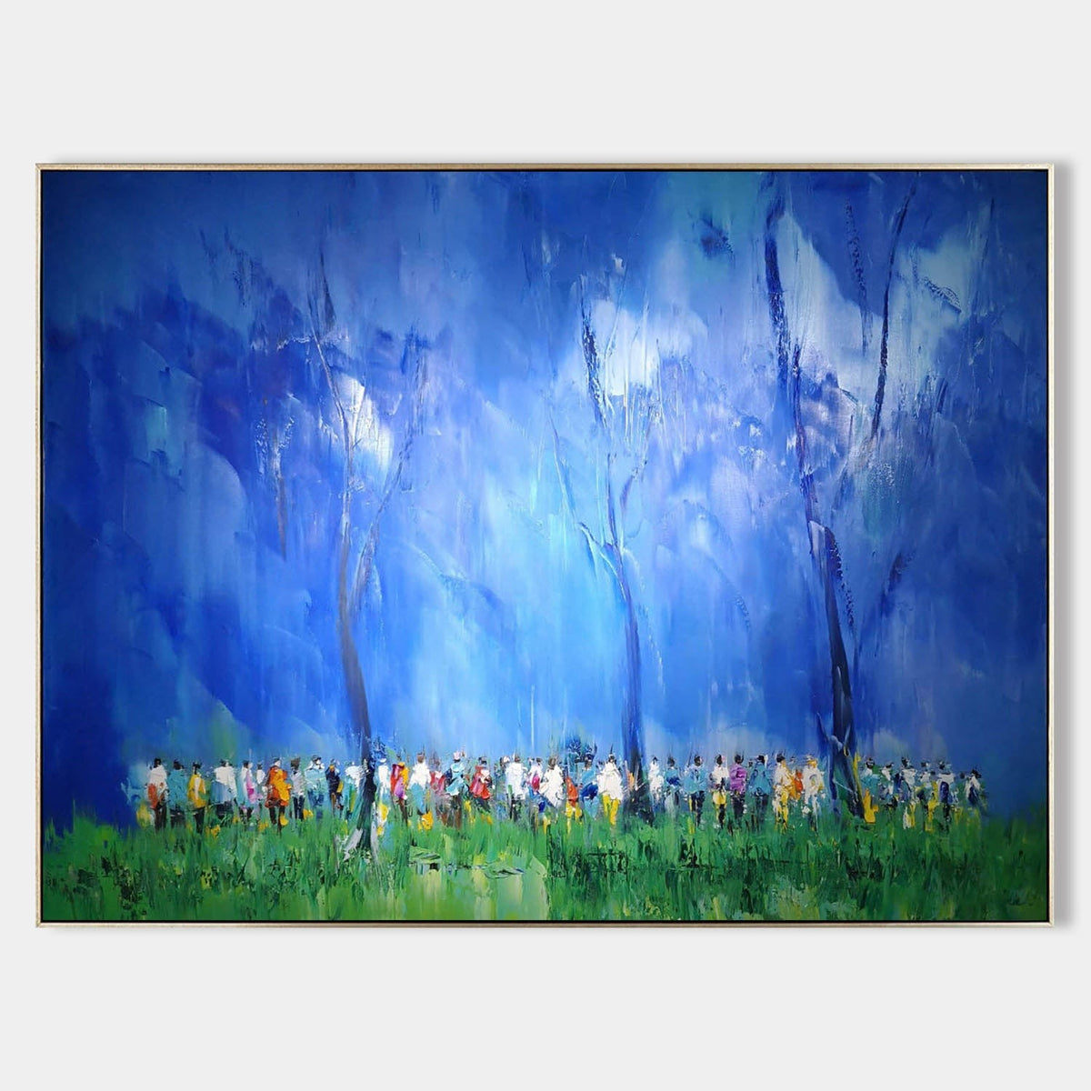 Crowd Beneath Blue Forest Canopy