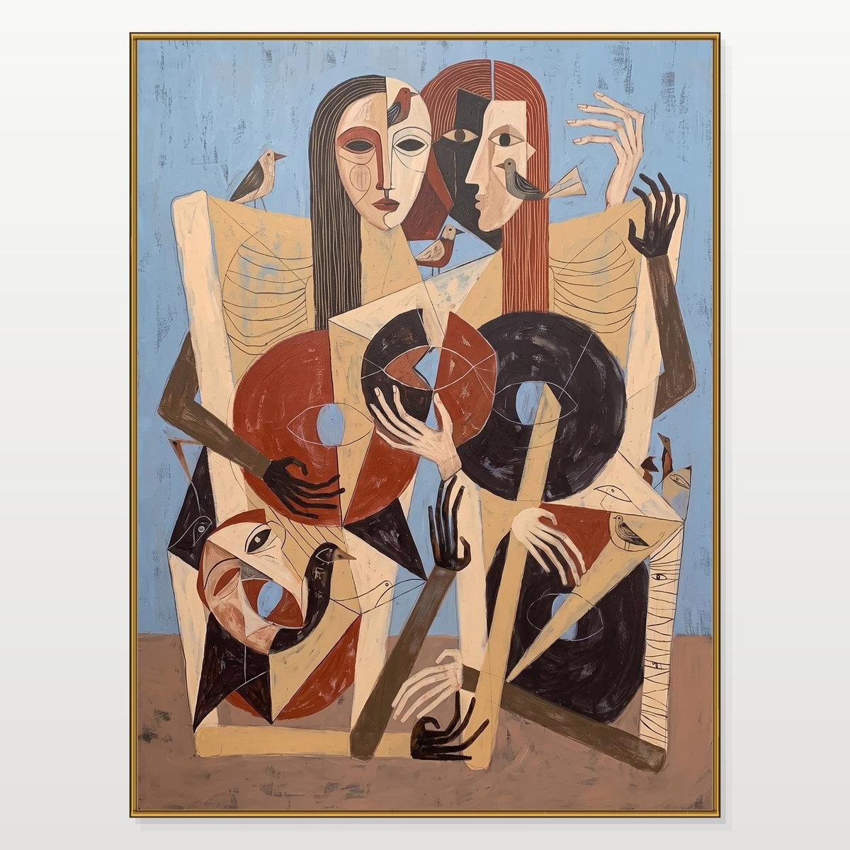 Cubist Figures with Birds and Hands