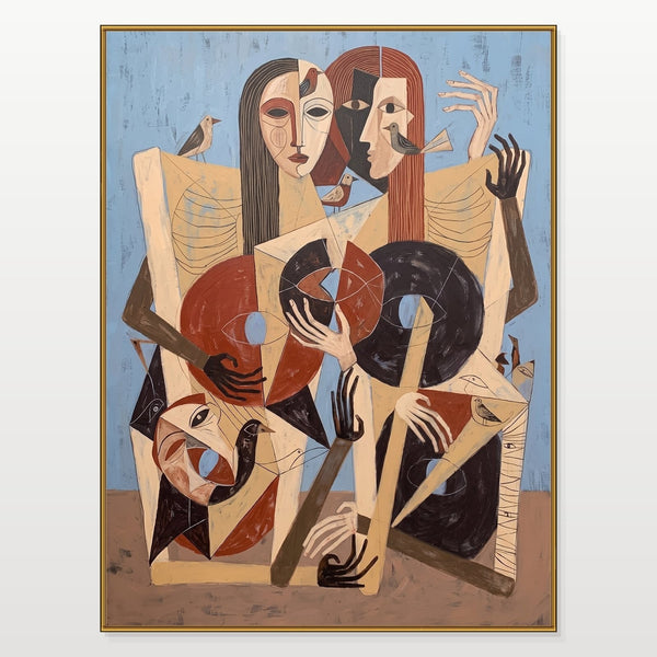 Cubist Figures with Birds and Hands