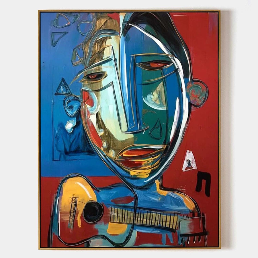 Cubist Guitar Player in Red and Blue