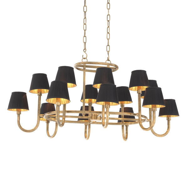 Curved Arm Vintage Brass Chandelier with Pleated Black Shades