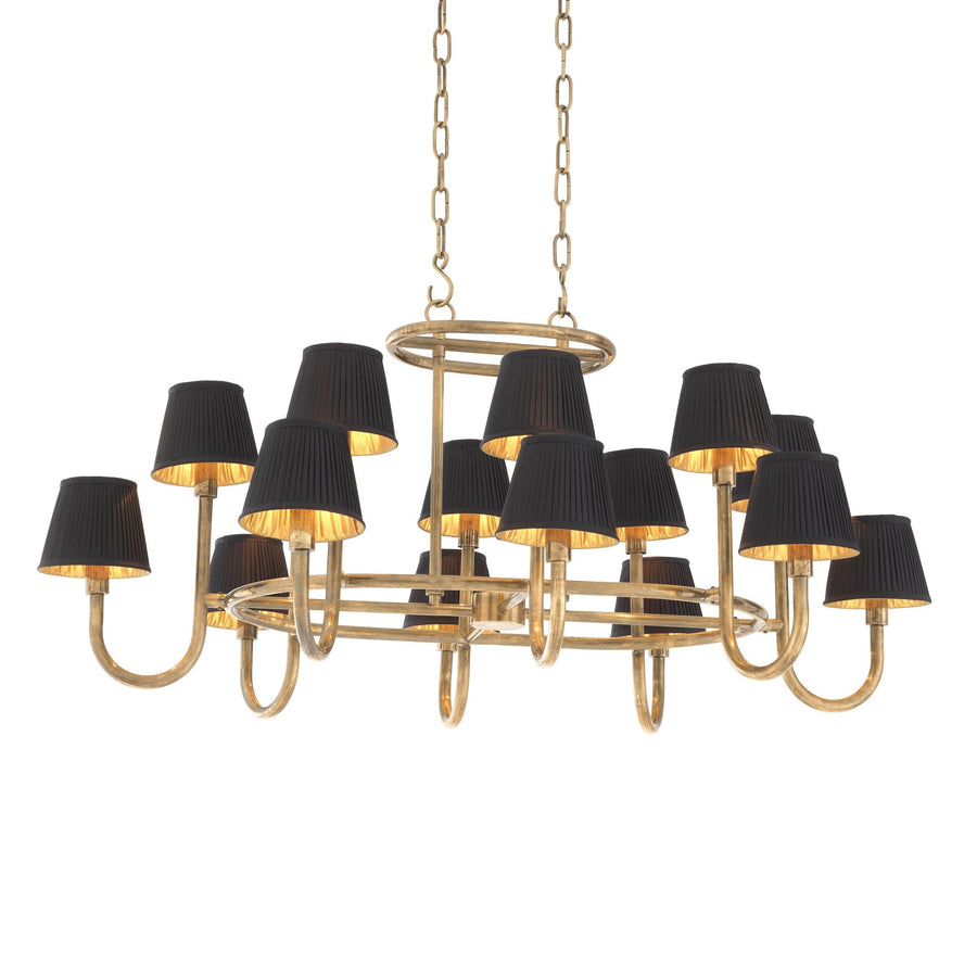 Curved Arm Vintage Brass Chandelier with Pleated Black Shades