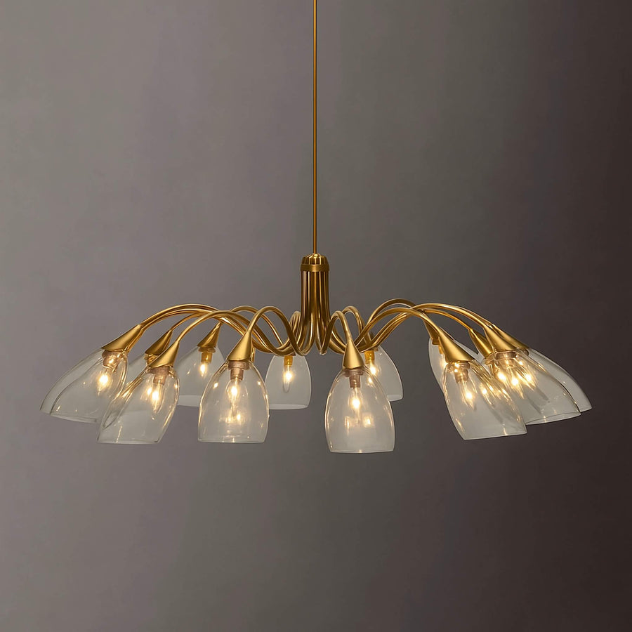 Curved Brass Arm Chandelier with Blown Glass Shades