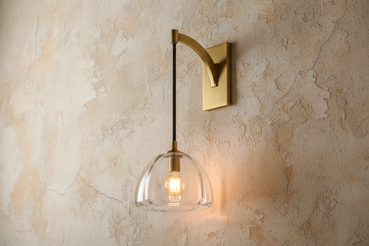 Curved Brass Arm Wall Sconce with Clear Glass Shade