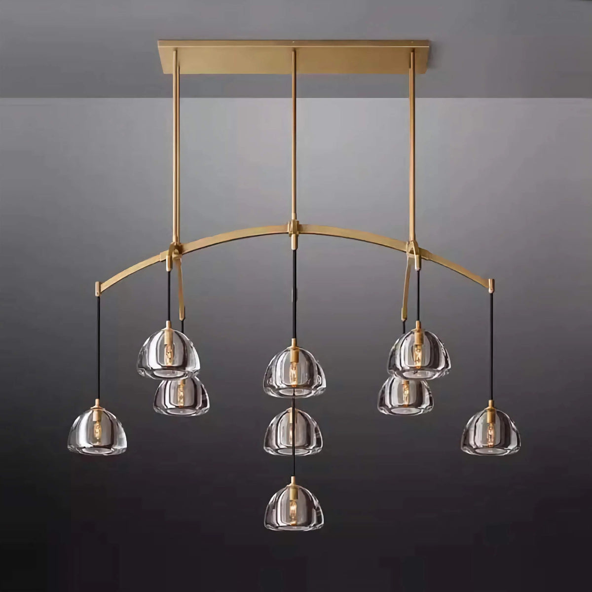 Curved Brass Bar Chandelier with Hanging Glass Drops