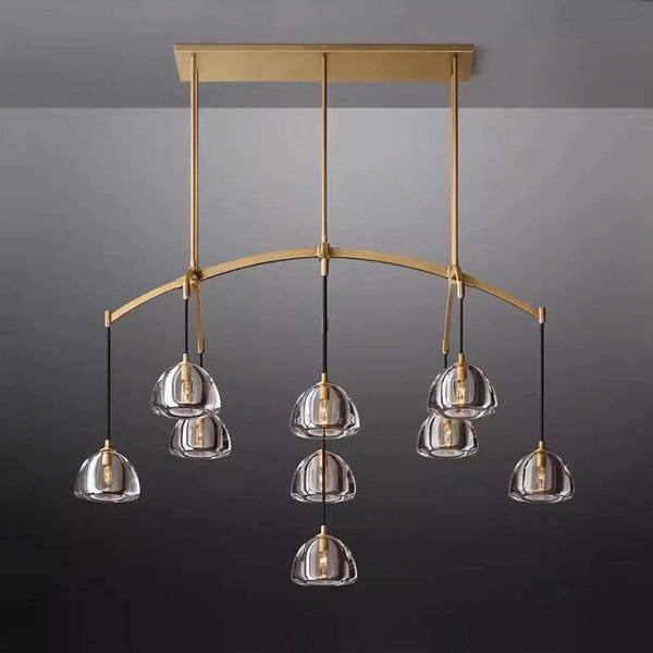 Curved Brass Bar Chandelier with Hanging Glass Drops