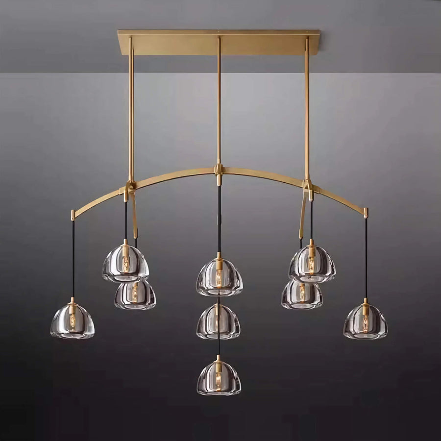Curved Brass Bar Chandelier with Hanging Glass Drops