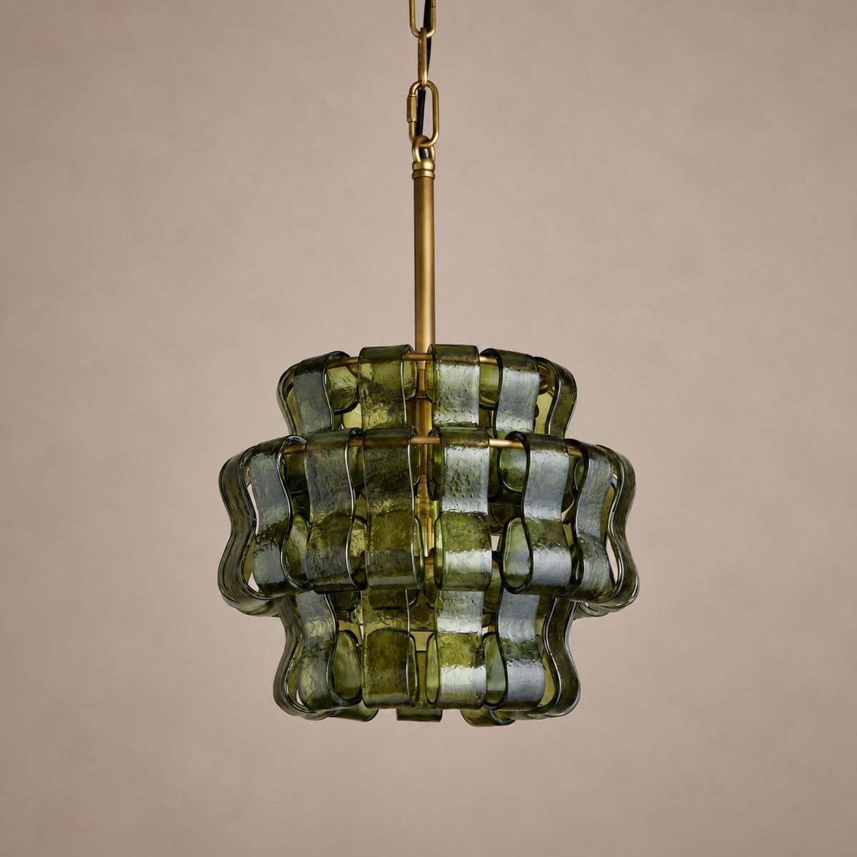 Curved Green Textured Glass and Brass Pendant