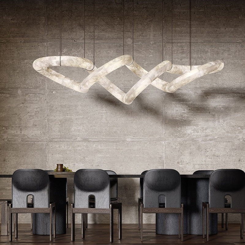 Curved Linear Alabaster and Brass Chandelier