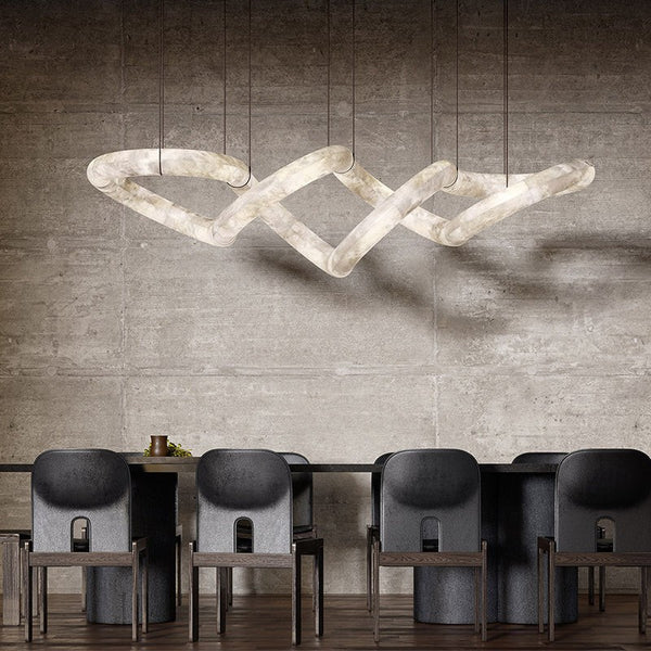 Curved Linear Alabaster and Brass Chandelier