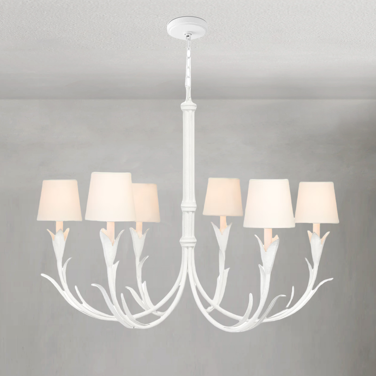 Curved Reeded White Steel and Linen Shade Chandelier