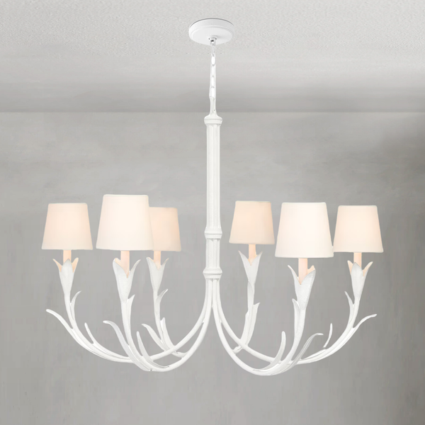 Curved Reeded White Steel and Linen Shade Chandelier