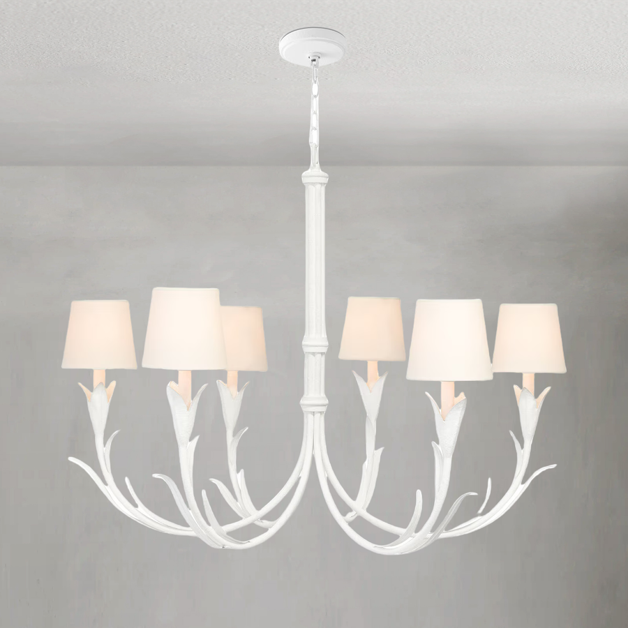 Curved Reeded White Steel and Linen Shade Chandelier