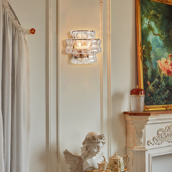 Curved Textured Glass and Brass Wall Sconce