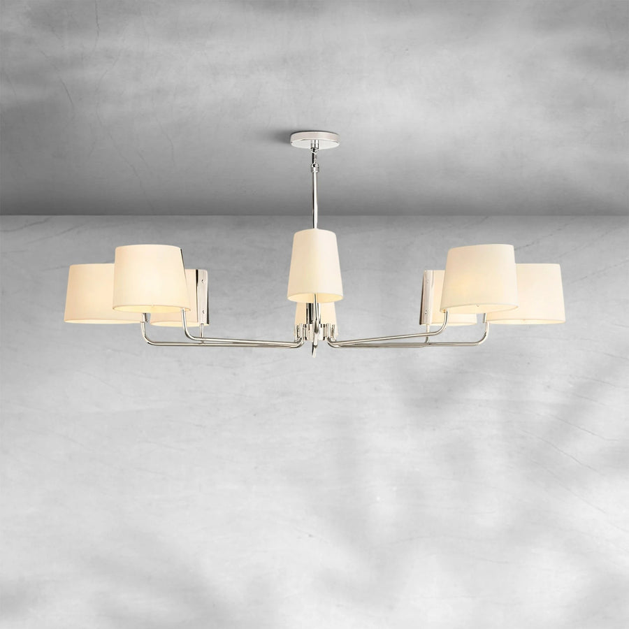 Curving Brass Rod Oval Linen Shade Round Chandelier