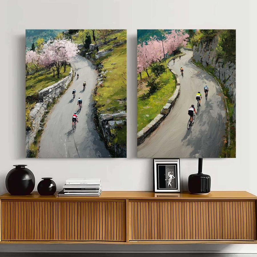 Cyclists Climbing Cherry Blossom Roads