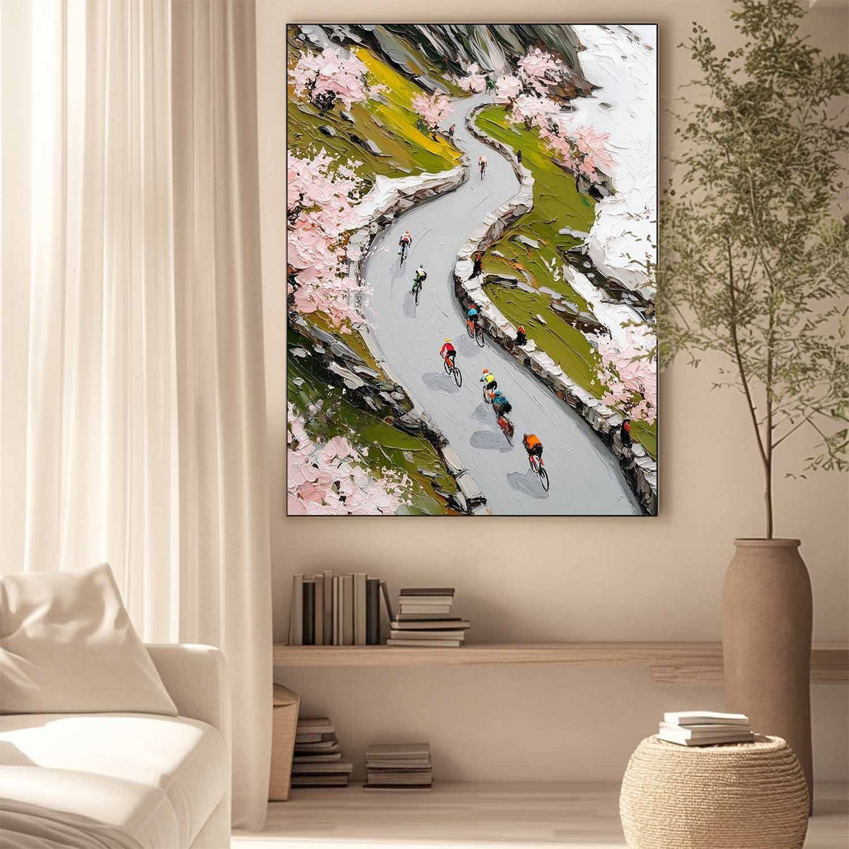 Cyclists on a Blossoming Mountain Road