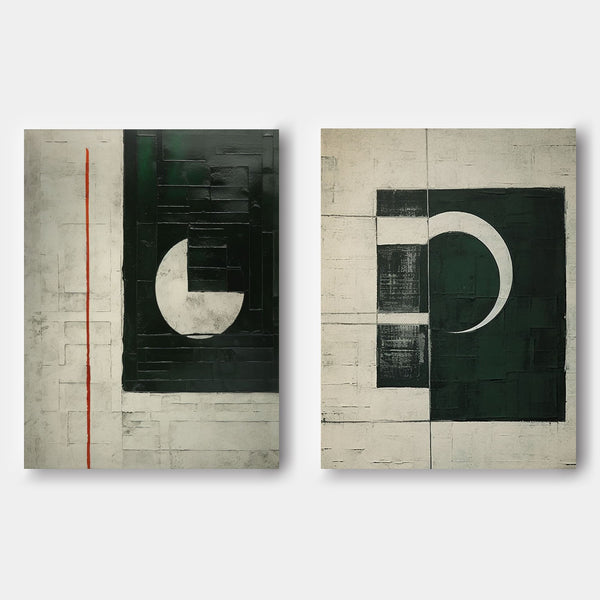 Dark Green Crescent Geometry Diptych