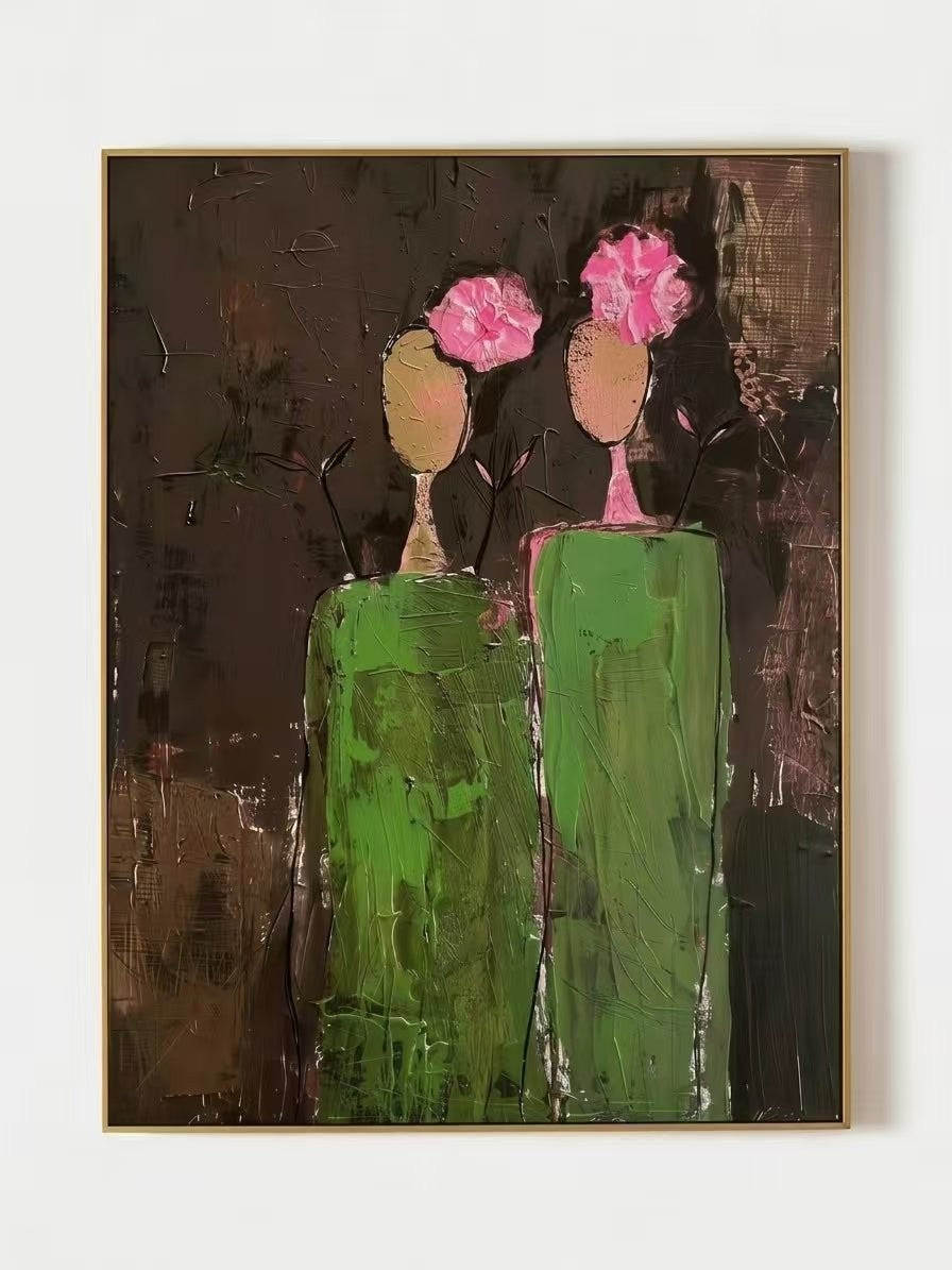 Dark Green & Rose Pink Modern Expressionist Wall Art