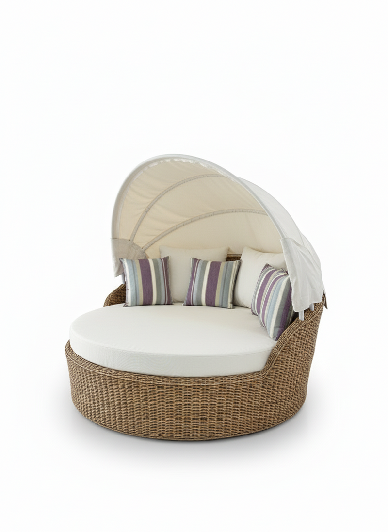 Divano letto rotondo moderno da esterno con baldacchino – Divano letto da giardino in vimini e cuscini a righe