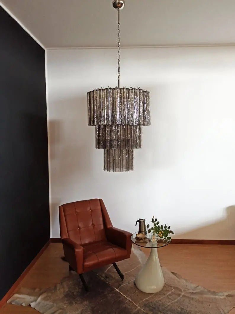 Dense Smoked Glass Tube Chandelier with Iron and Brass Frame