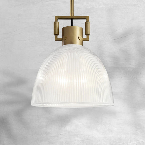 Domed Prismatic Glass and Brass Yoke Pendant