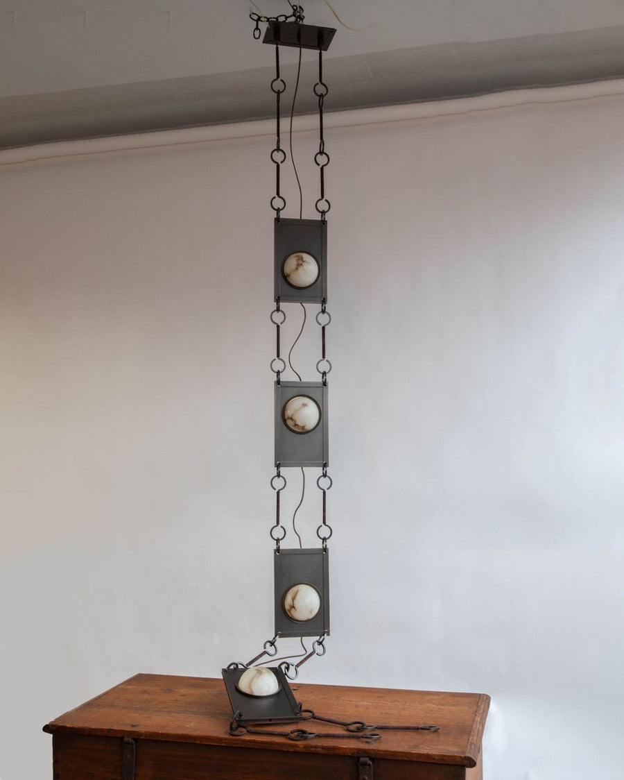 Draped Linear Alabaster Globe and Brass Chandelier