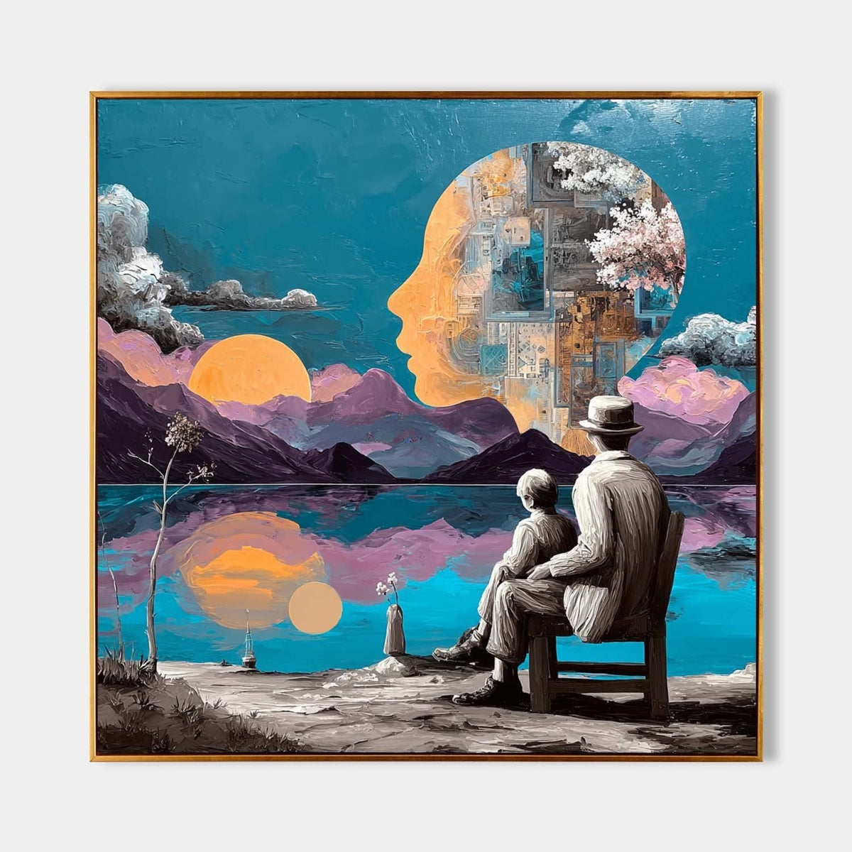 Perfil soñador sobre el lago crepuscular
