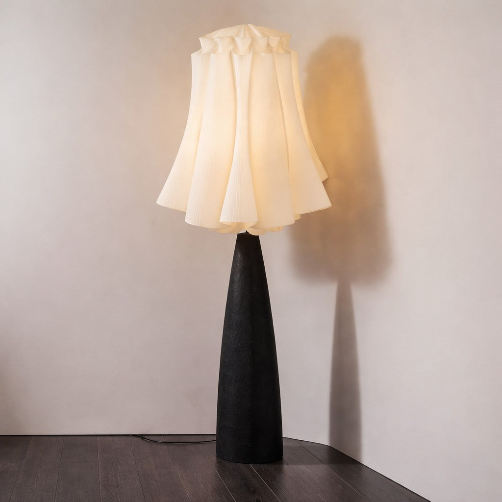 Ebonized Wood Floor Lamp with Pleated Linen Drum Shade