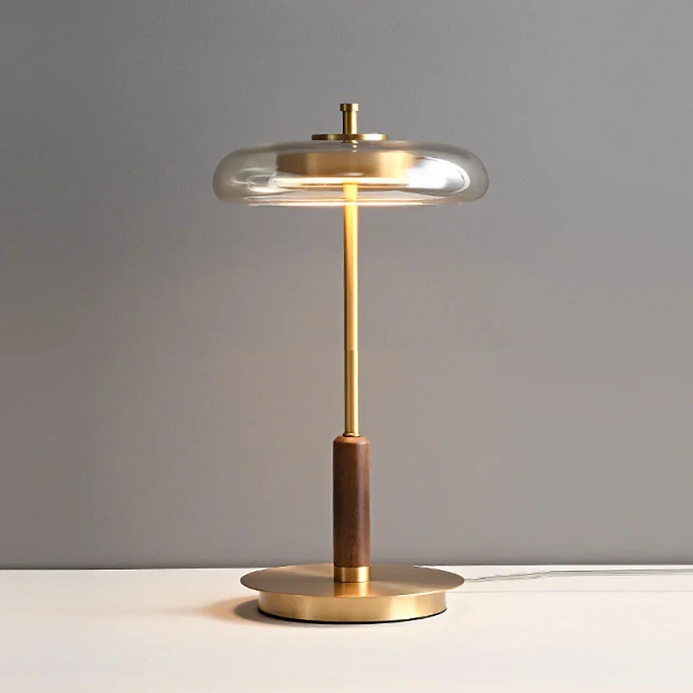 Edge Lit Glass Disc Iron and Wood Table Lamp