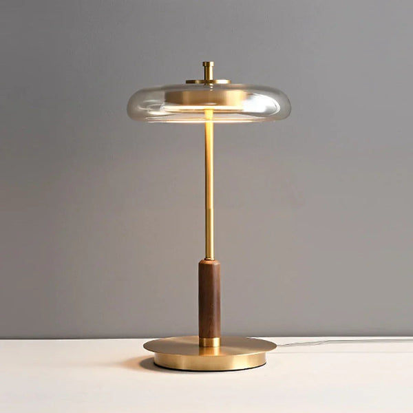 Edge Lit Glass Disc Iron and Wood Table Lamp