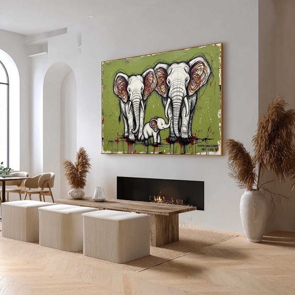 Elephant Family on Olive Green