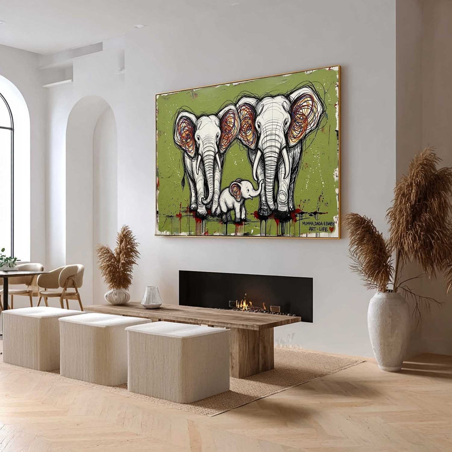 Elephant Family on Olive Green