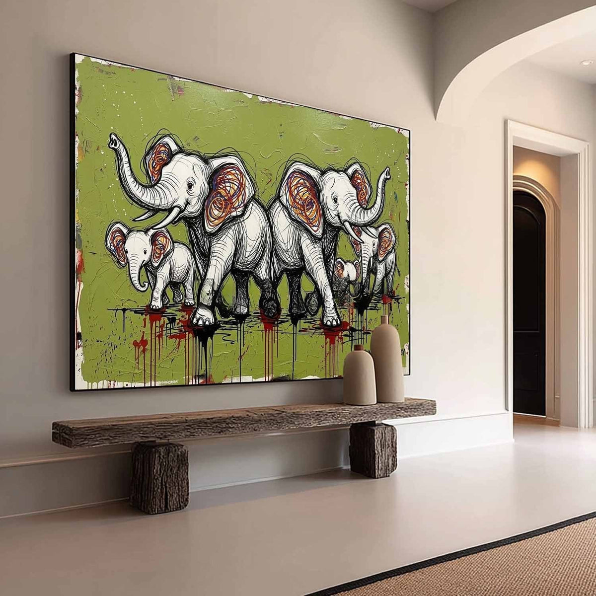 Elephant Family on Olive Green