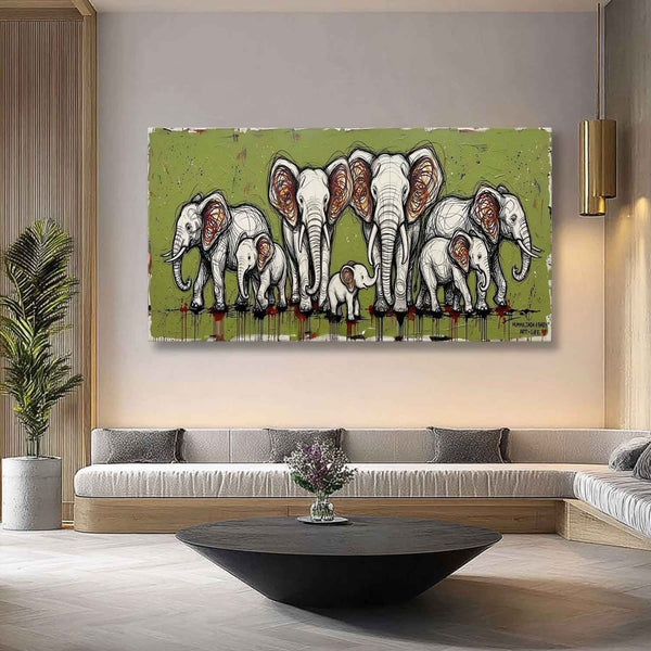 Elephant Family on Olive Green