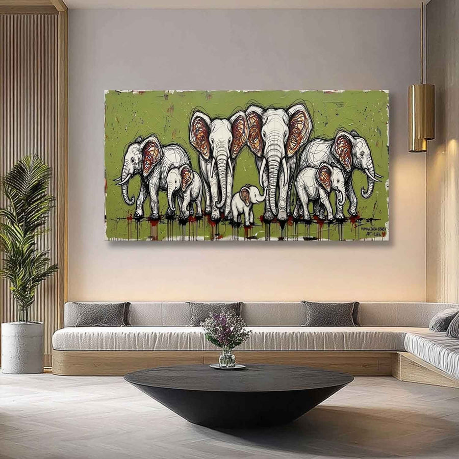 Elephant Family on Olive Green