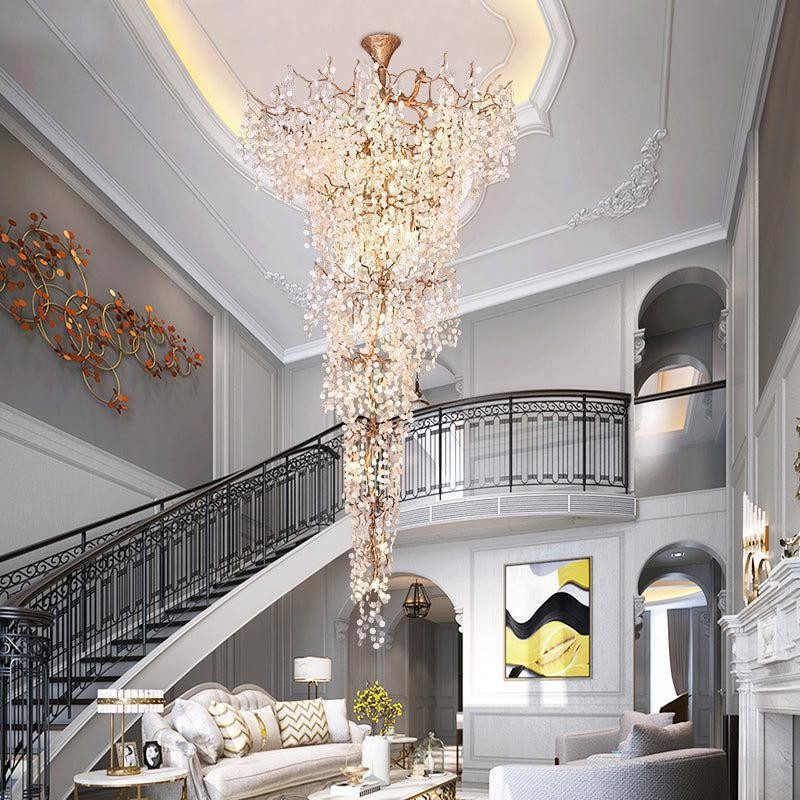 Elongated Brass and Glass Branch Chandelier