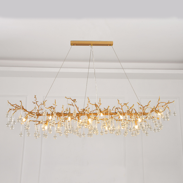 Elongated Brass Branch and Crystal Bead Chandelier