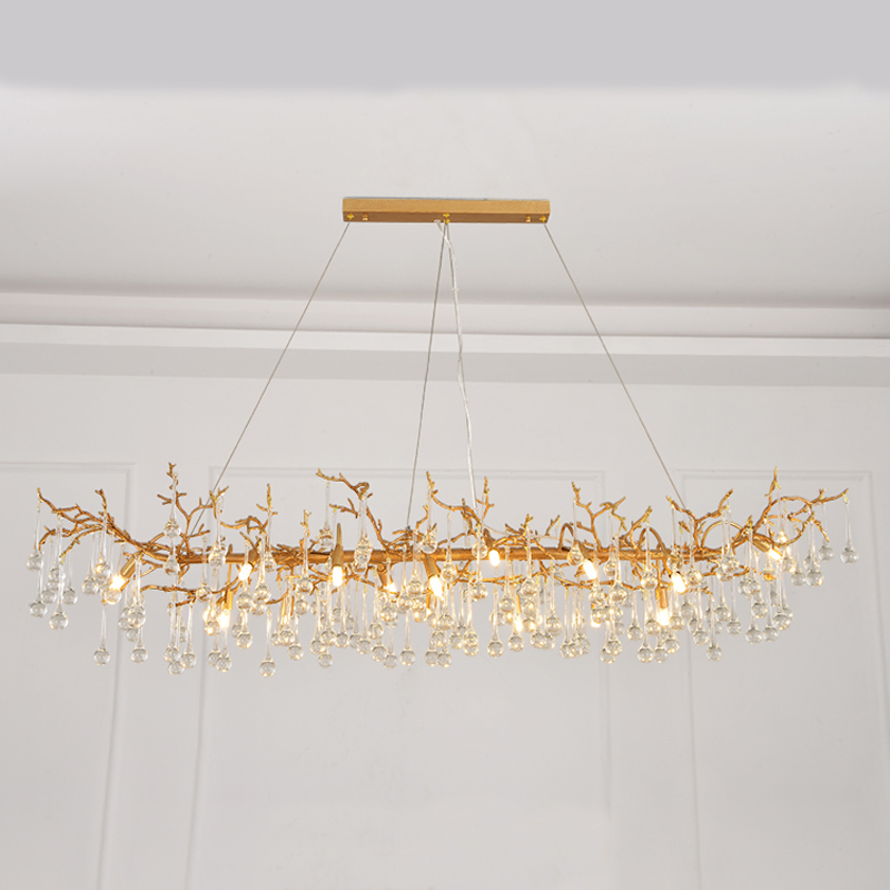 Elongated Brass Branch and Crystal Bead Chandelier
