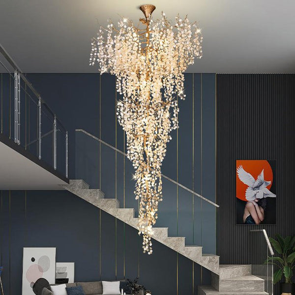 Elongated Brass Branch and Crystal Staircase Chandelier