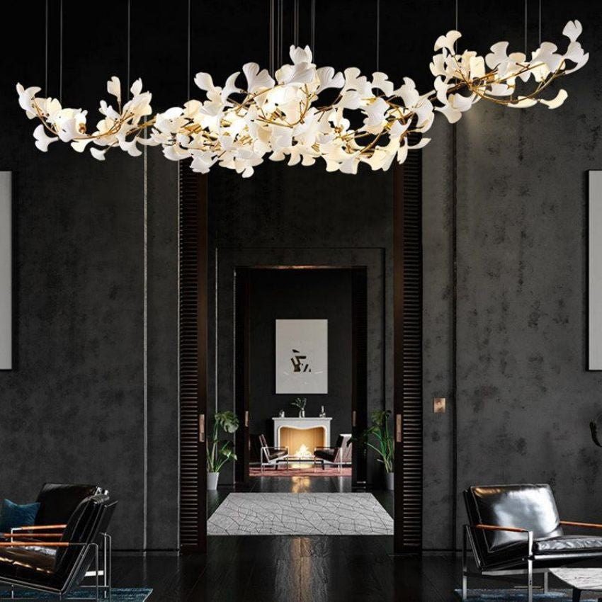 Elongated Ceramic Ginkgo Leaf Cluster Chandelier
