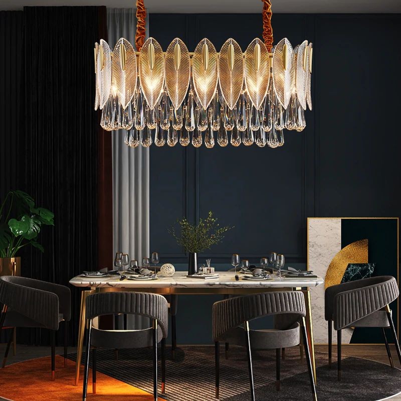Elongated Copper and Crystal Island Chandelier