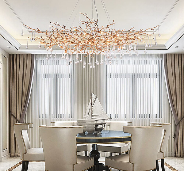 Elongated Copper Branch and Crystal Drop Chandelier