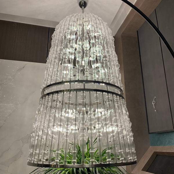 Elongated Glass Cluster Steel Cage Chandelier