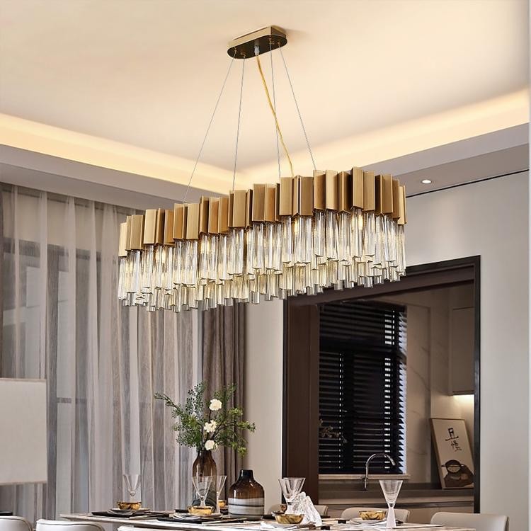 Elongated Oval Gold and Crystal Chandelier